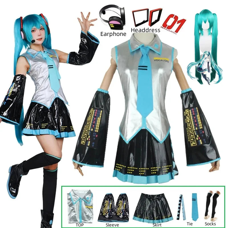 Miku Cosplay Full Set Silver Leather Fabric Suit | JK Sailor Dress High School Uniform Halloween