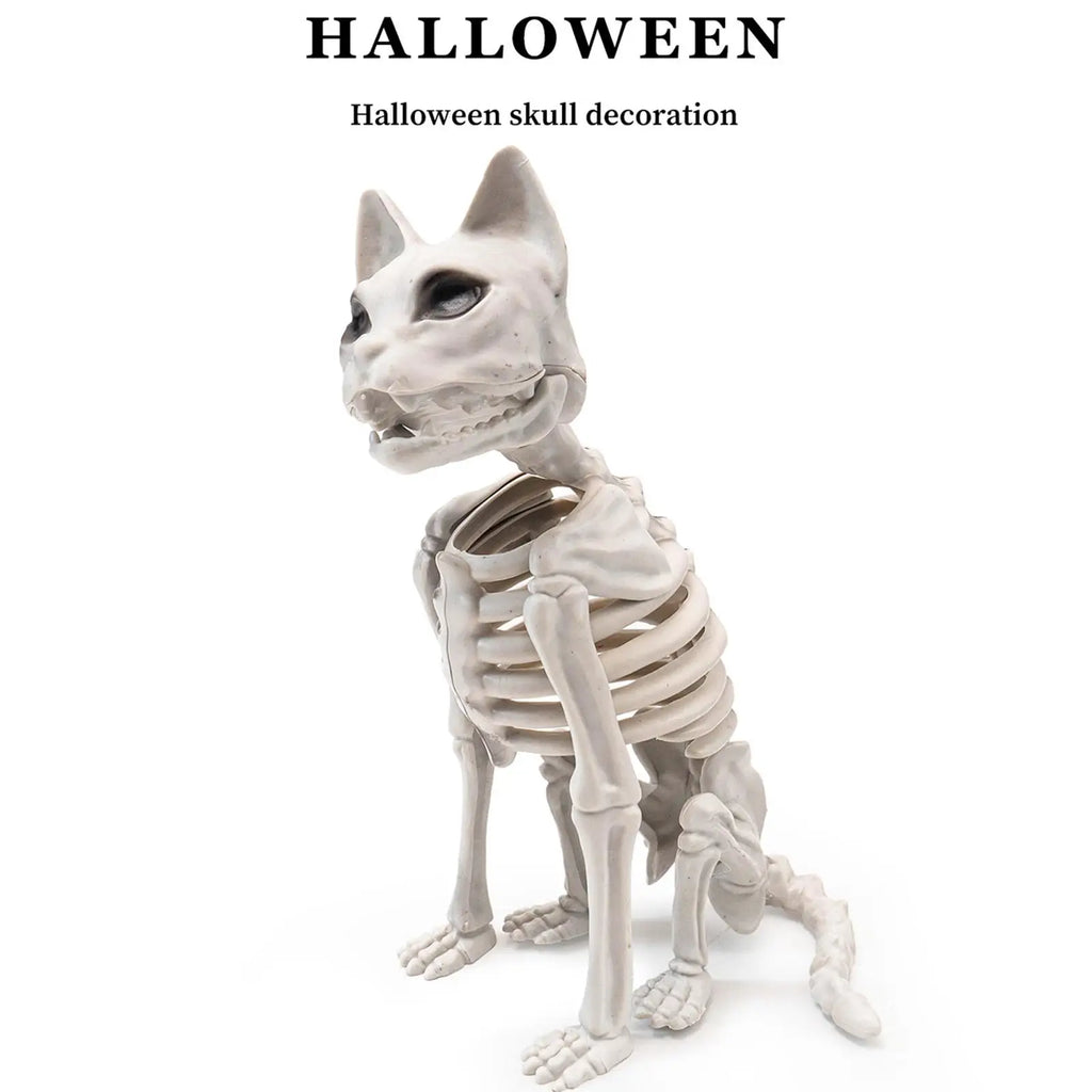 Halloween Cat Skeleton Statue | 13.4" Spooky Plastic Animal Bones Prop