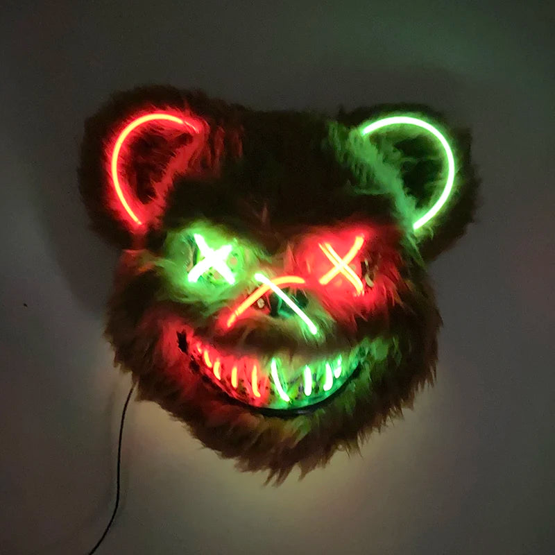Scary LED Light-Up Halloween Mask | Creepy Rabbit &amp; Bloody Bear Styles | 3-Mode EL Wire Purge Mask