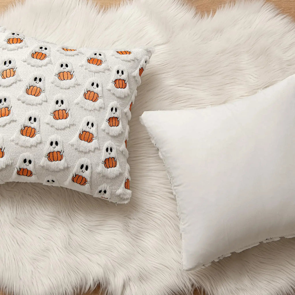 Tufted Ghost & Pumpkin Pillow Cover | Cozy Faux Fur Cute Halloween Decor (Case Only)