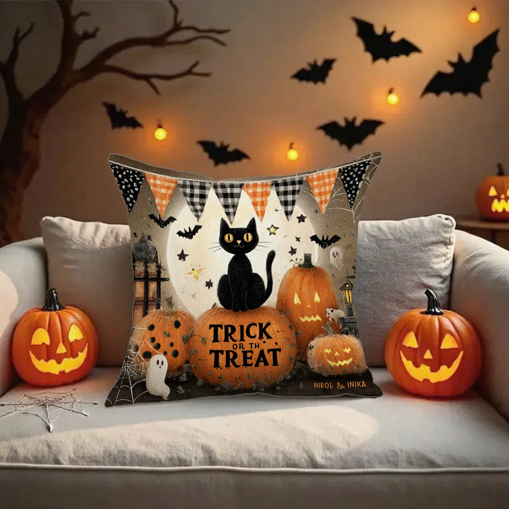 Cute Ghost & Black Cat Pillow Covers | "Happy Halloween" Cushion Case (Case Only)
