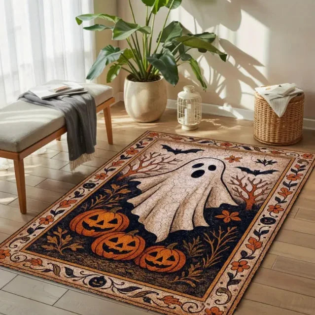 Spooky Haunted House & Pumpkin Area Rug | Non-Slip Halloween Decor for Living Room & Outdoor Use
