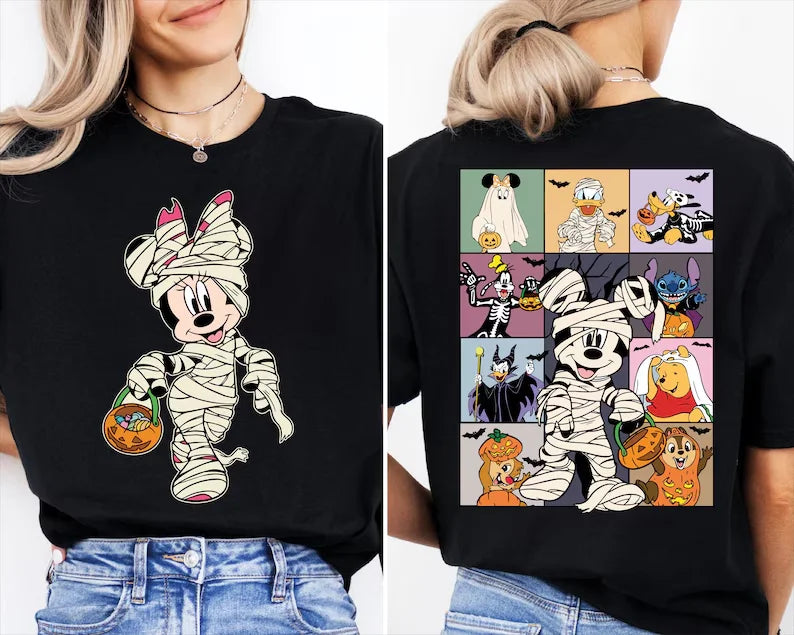 Disney Halloween Costume Tee | 2-Sided Print | Mummy Minnie (Front) & Mickey Character Grid (Back)