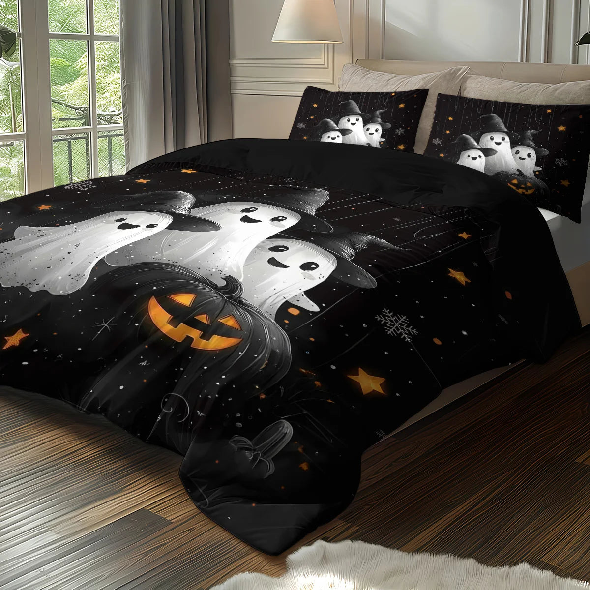 Cute Ghost & Witch Hat 3-Piece Bedding Set | Halloween Duvet Cover with 2 Pillowcases