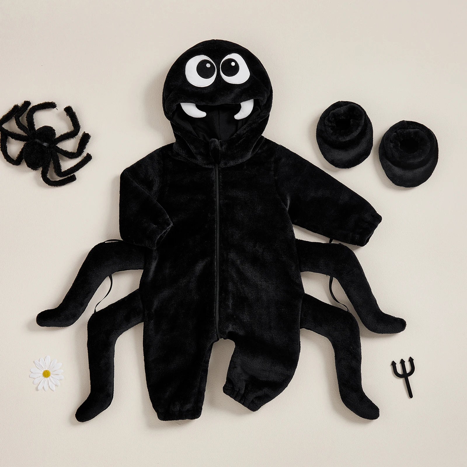 Cute Baby Spider Halloween Costume | Plush Hooded Romper Set with Booties | Deguisement Halloween Bebe