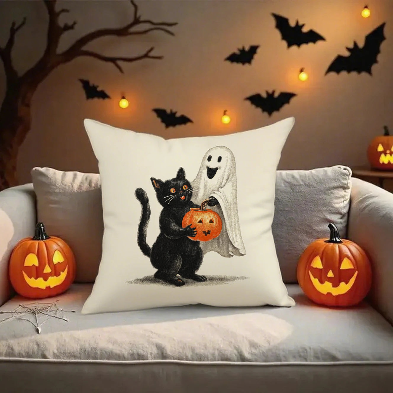 Cute Halloween Pillow Covers | Witch, Black Cat & Ghost Throw Cushion Cases (Case Only)