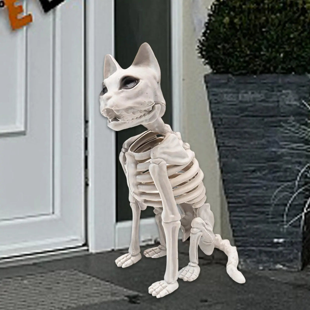Halloween Cat Skeleton Statue | 13.4" Spooky Plastic Animal Bones Prop