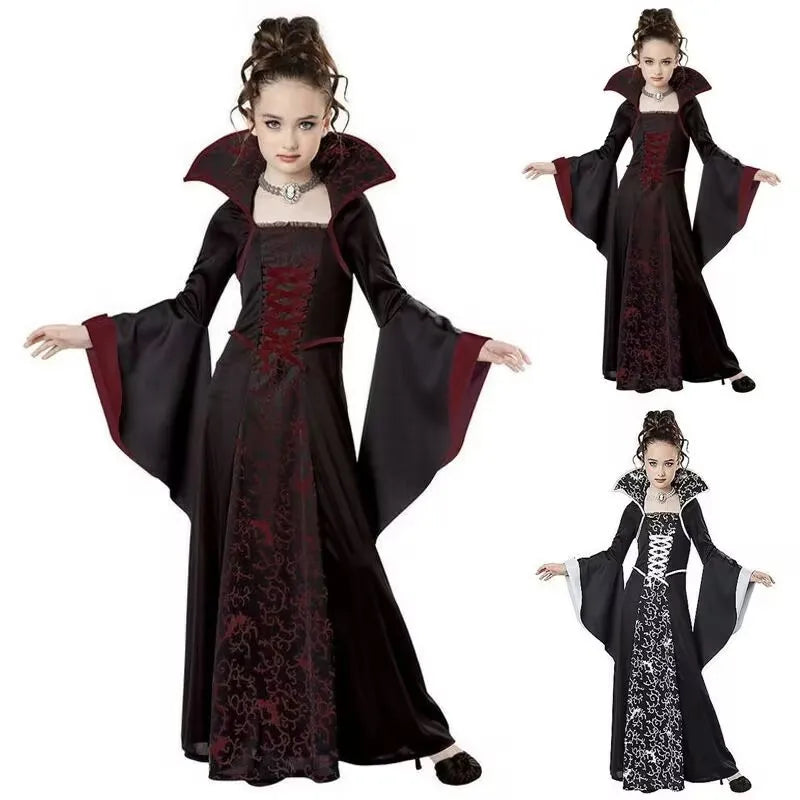 Gothic Vampire Queen Costume for Girls | Elegant Witch Dress Set with Hat & Rose