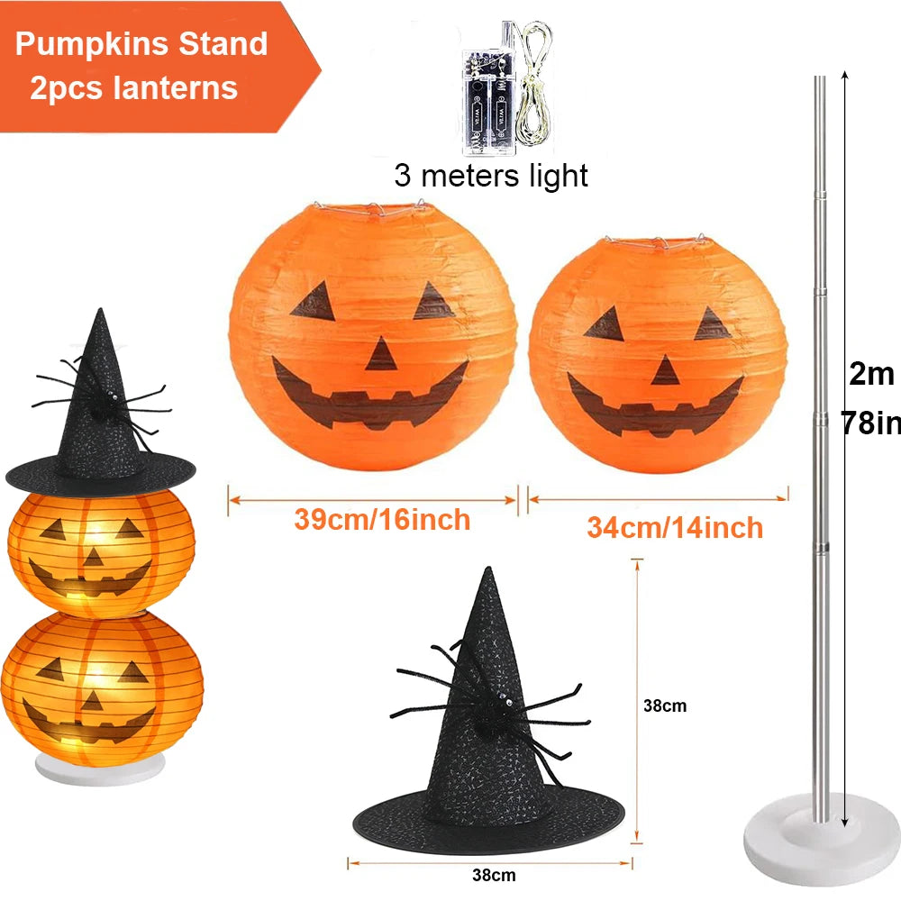 Light-Up Stacked Pumpkin Lantern Tower (with Witch Hat)