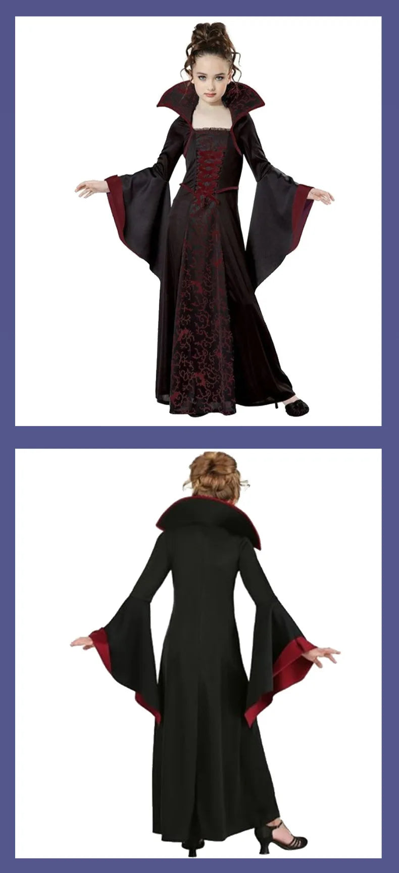Gothic Vampire Queen Costume for Girls | Elegant Witch Dress Set with Hat & Rose