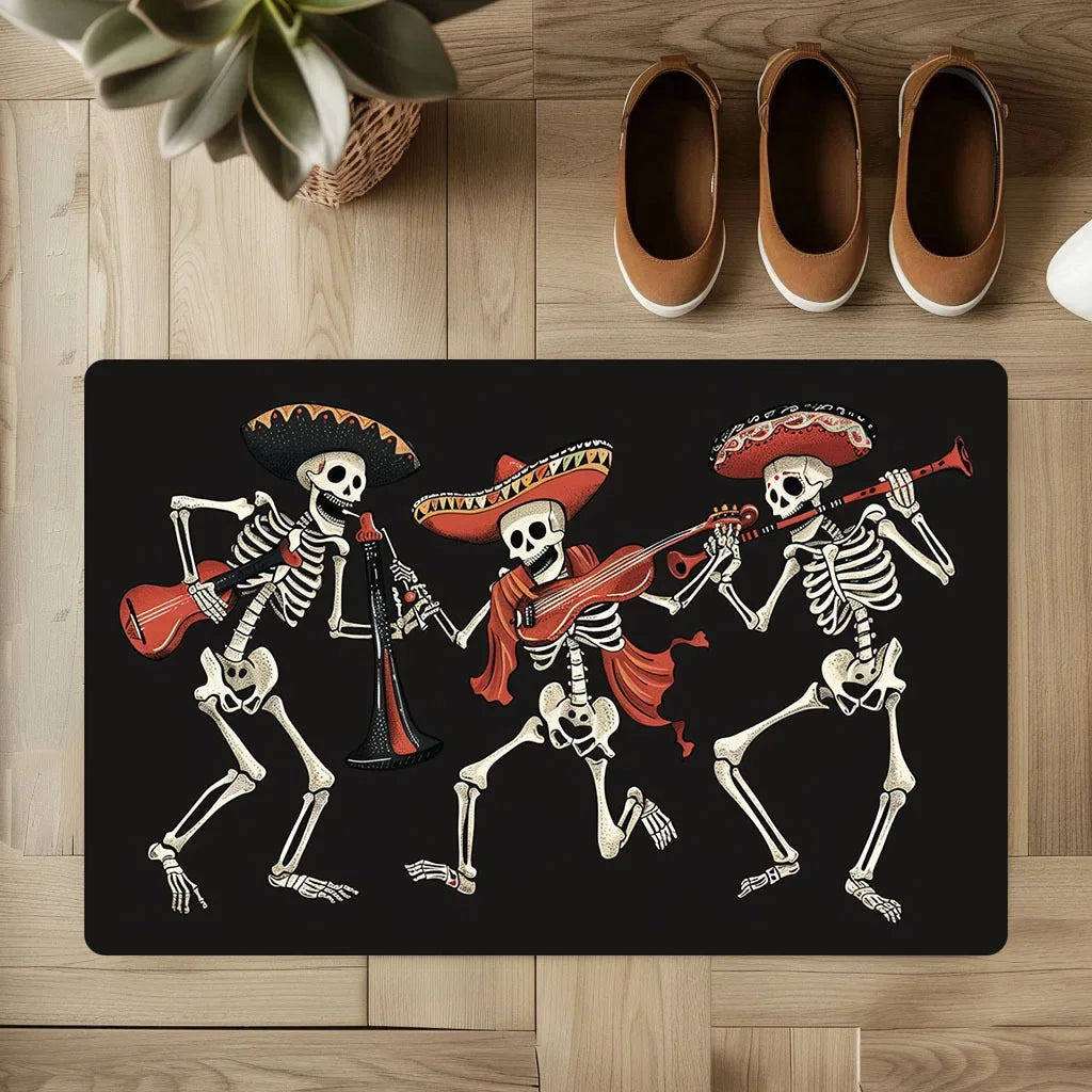 "Rock On" Skeleton Welcome Mat | Funny Halloween Floor Mat | Soft Flannel with Non-Slip Backing