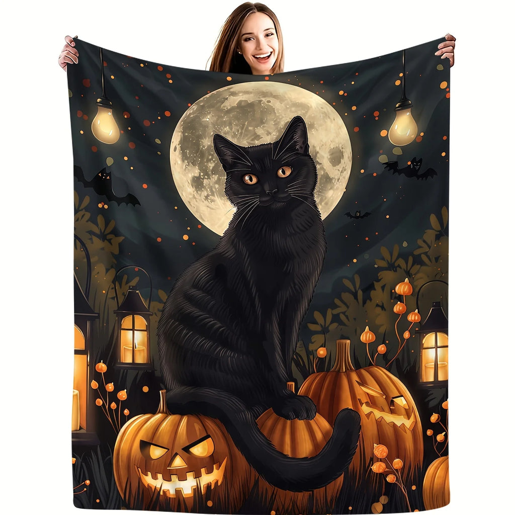 Black Cat & Full Moon Plush Throw | Cozy Coral Fleece Halloween Blanket