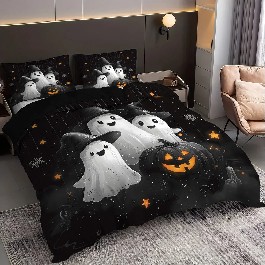Cute Ghost & Witch Hat 3-Piece Bedding Set | Halloween Duvet Cover with 2 Pillowcases