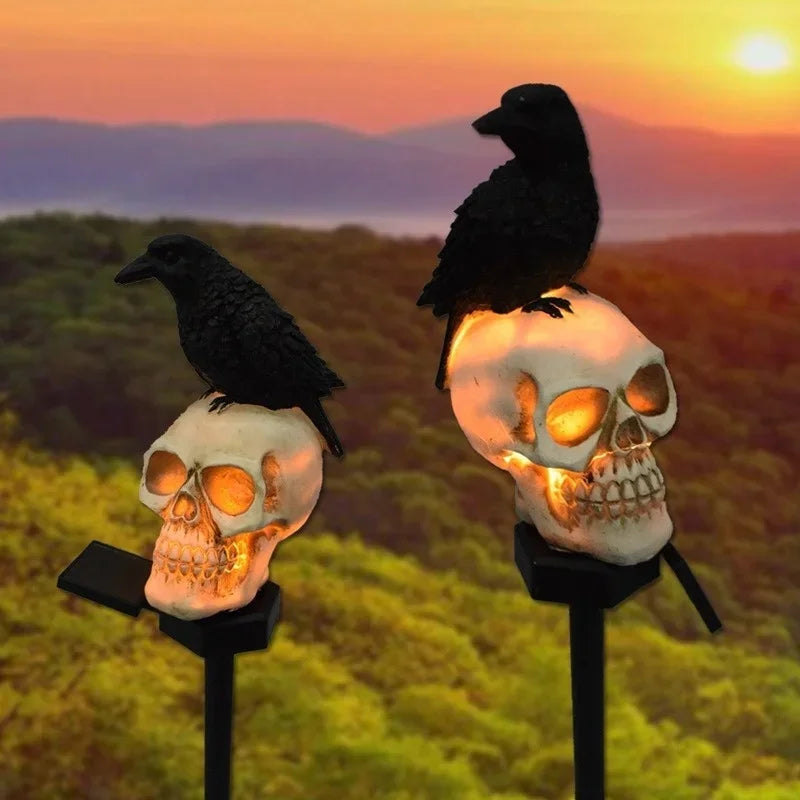 Solar-Powered Skull & Raven Garden Stake | Glowing LED Outdoor Halloween Decor