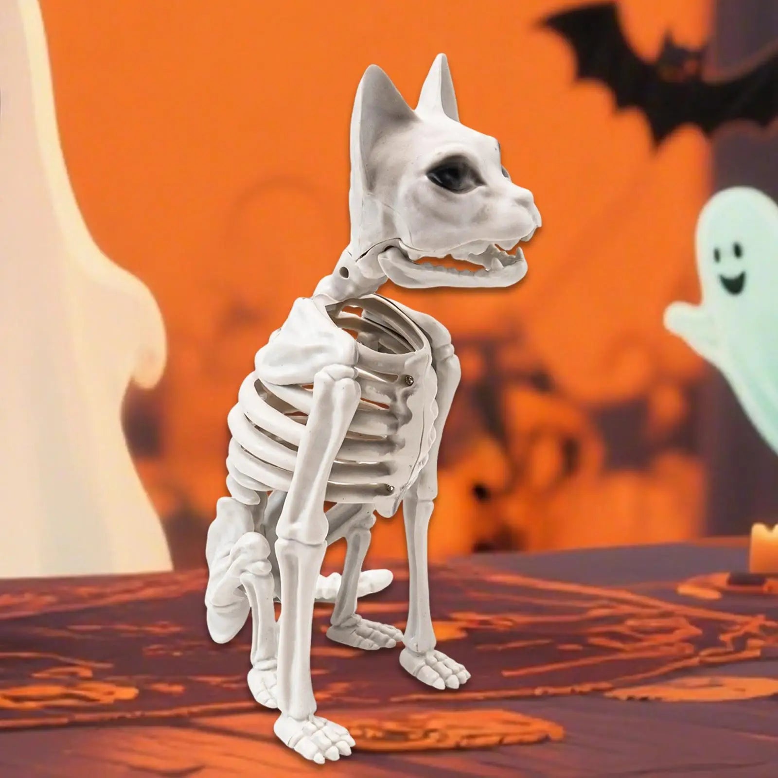 Halloween Cat Skeleton Statue | 13.4" Spooky Plastic Animal Bones Prop