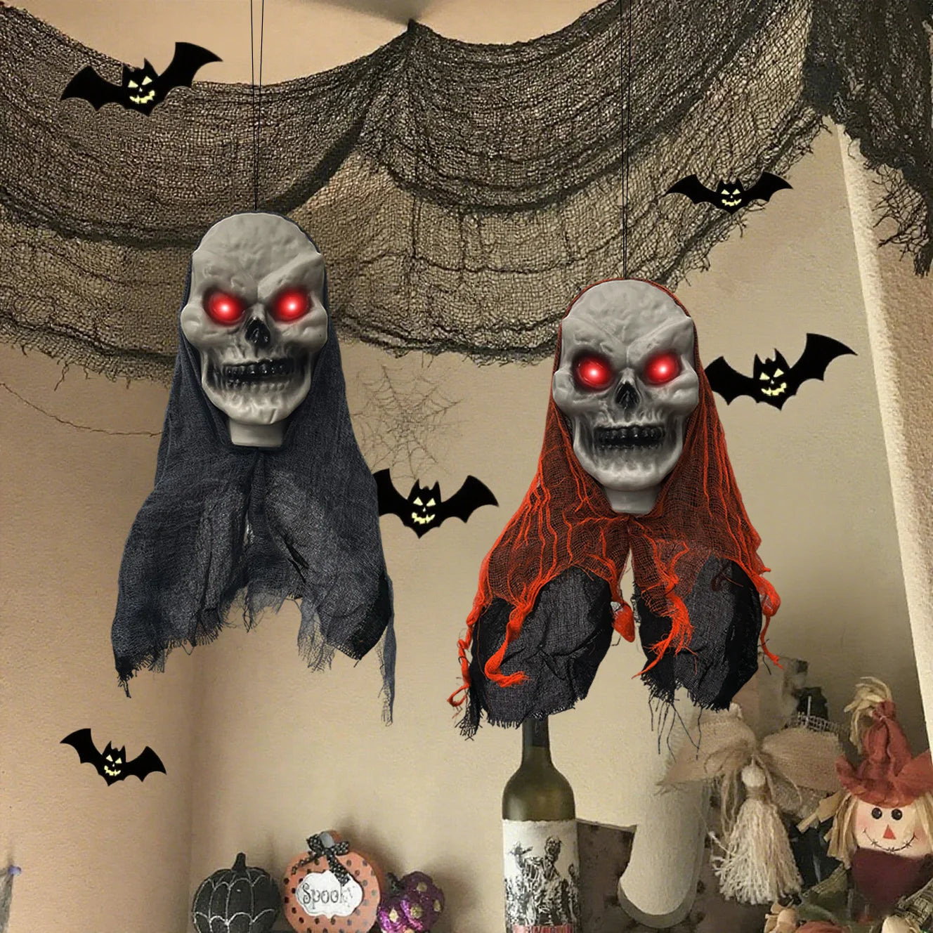 Hanging Skulls with Glowing Red Eyes (2-Pack