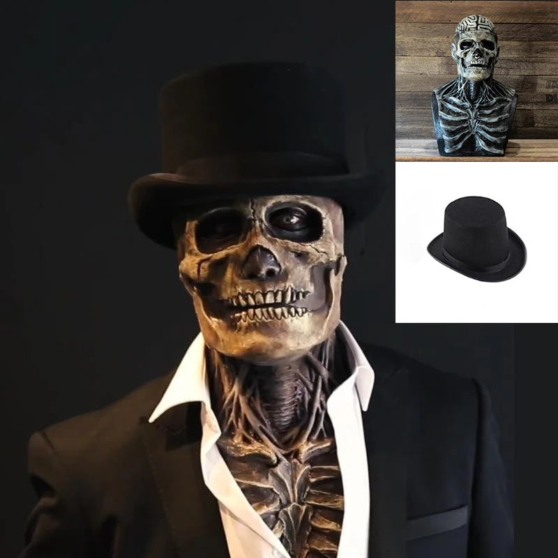 Scary Skeleton Gentleman Mask | Full Head & Chest Latex Horror Mask with Top Hat