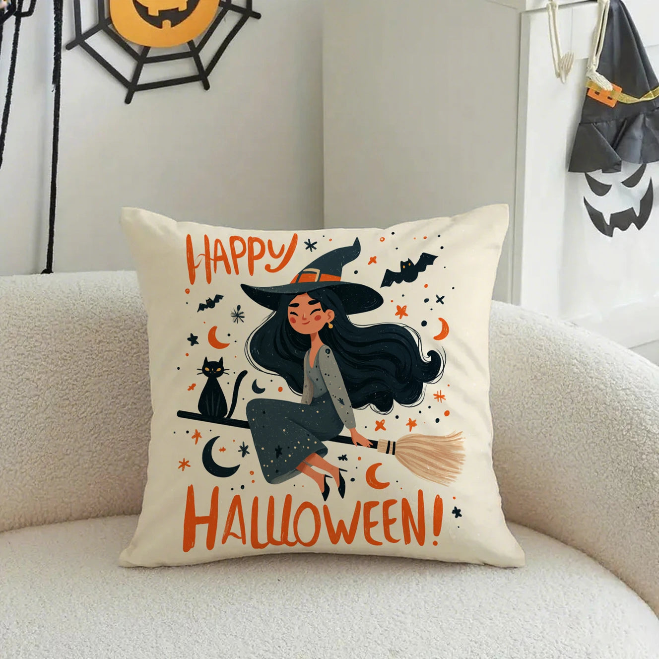 Cute Halloween Pillow Covers | Witch, Black Cat & Ghost Throw Cushion Cases (Case Only)