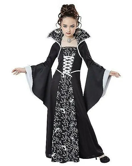 Gothic Vampire Queen Costume for Girls | Elegant Witch Dress Set with Hat & Rose