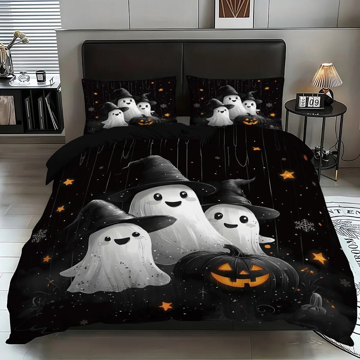Cute Ghost & Witch Hat 3-Piece Bedding Set | Halloween Duvet Cover with 2 Pillowcases