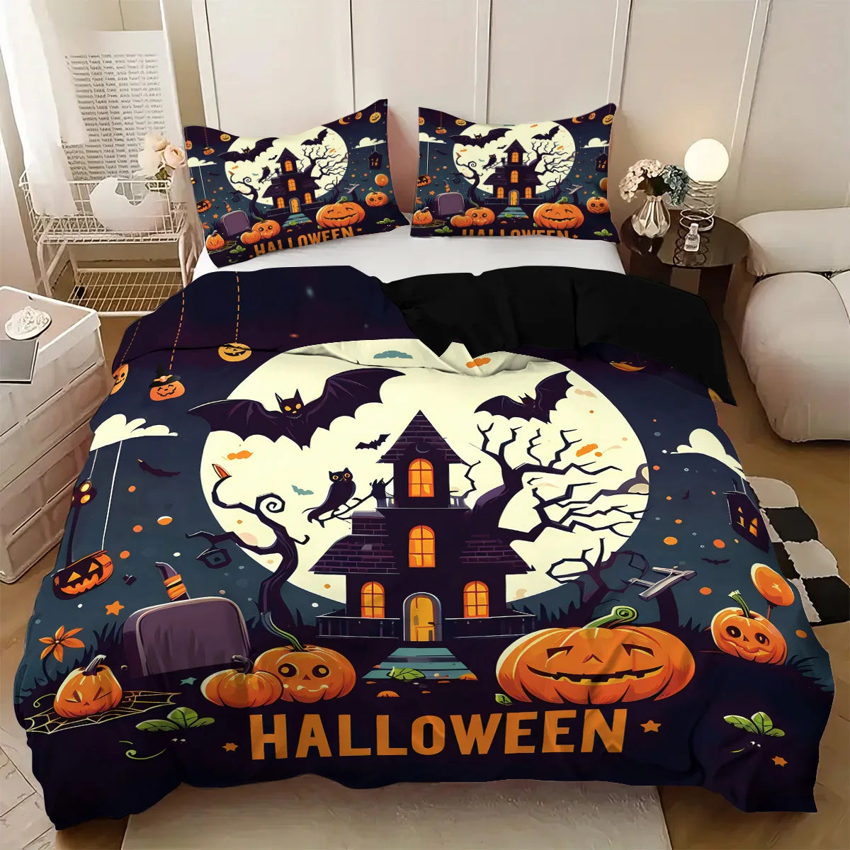Cute Ghost & Witch Hat 3-Piece Bedding Set | Halloween Duvet Cover with 2 Pillowcases
