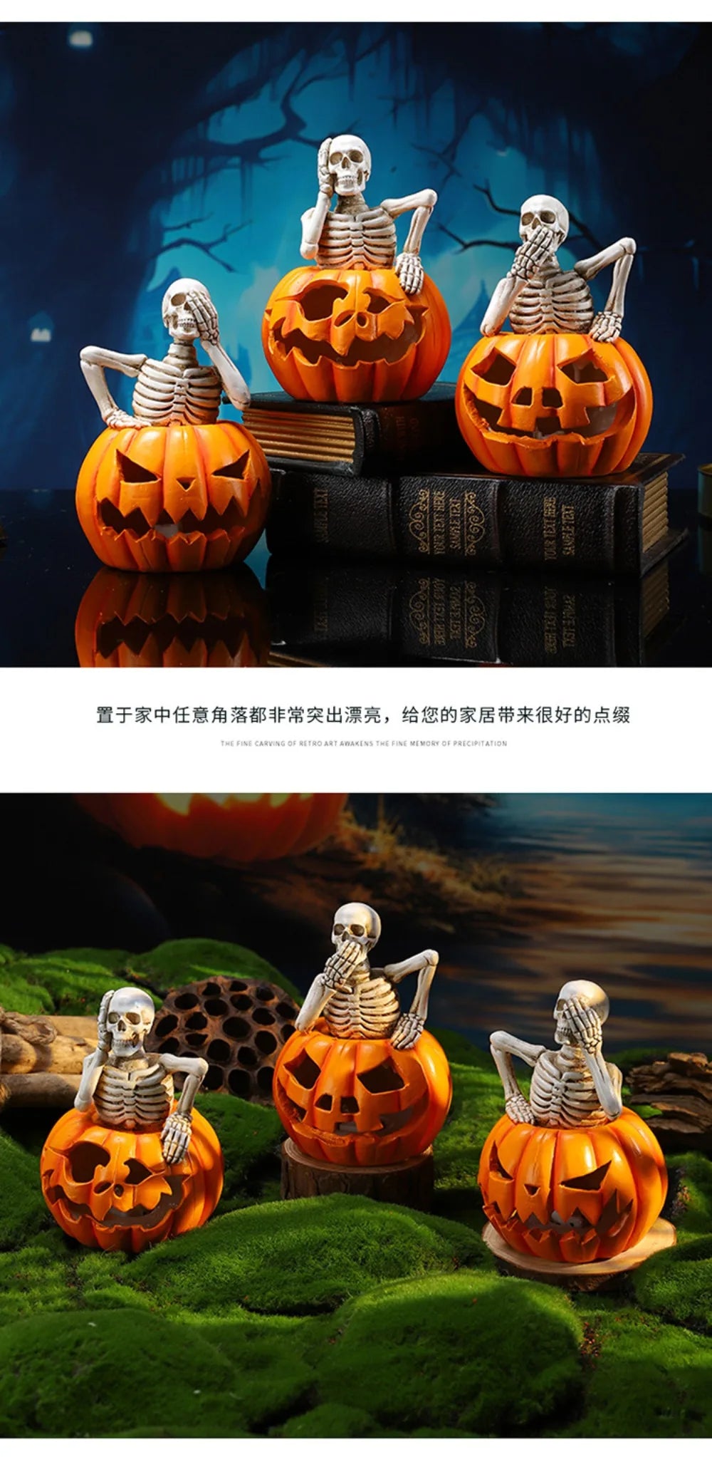 Light-Up Skeleton Pumpkin Figurine | Cute Resin Halloween Tabletop Decor