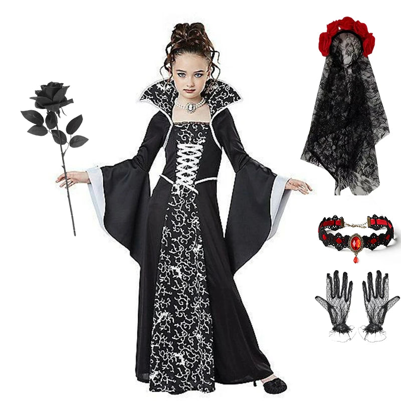 Gothic Vampire Queen Costume for Girls | Elegant Witch Dress Set with Hat & Rose