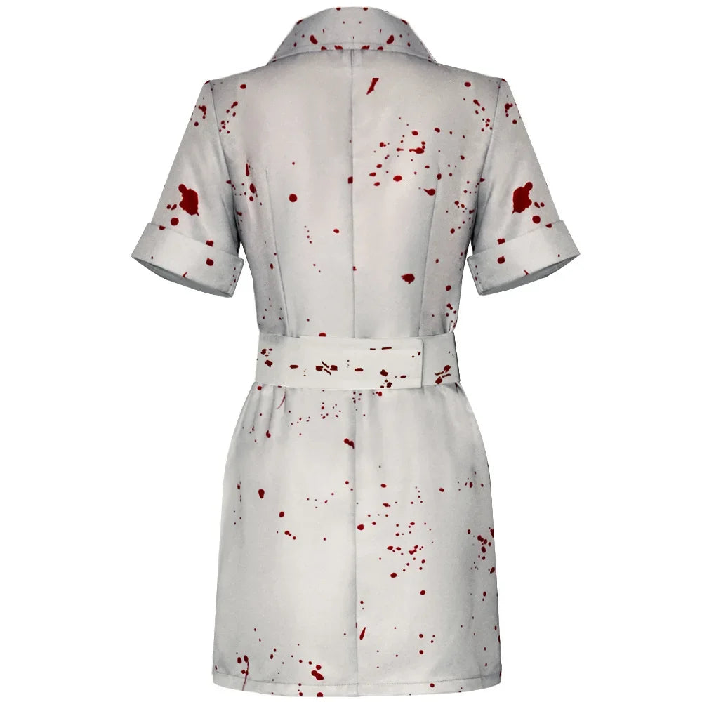 Silent Hill Nurse Cosplay Costume | Horror Bloody Doctor Puppet Bubble Head Faceless Halloween Nurse | White Bloodstained Dress