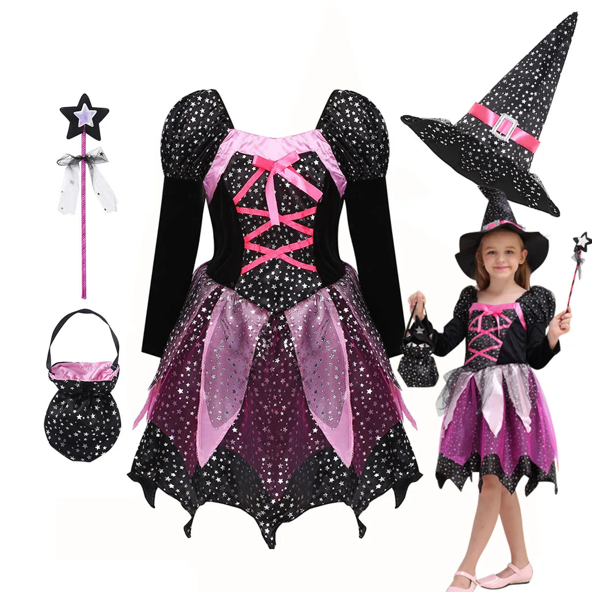 Complete Girls Witch Costume (4-Piece Set) | Sparkle Dress, Hat, Wand & Candy Bag | Costume Halloween Enfant Fille