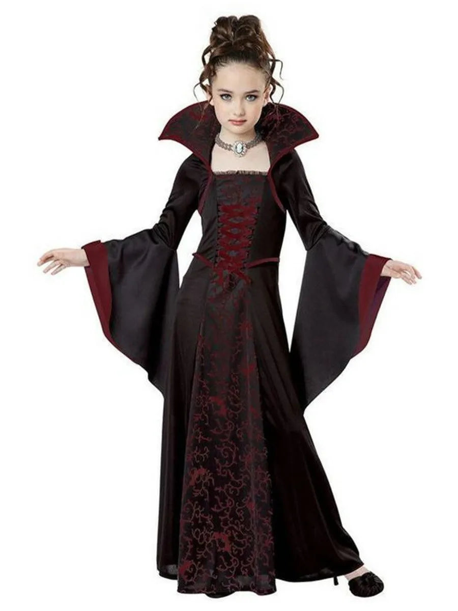 Gothic Vampire Queen Costume for Girls | Elegant Witch Dress Set with Hat & Rose