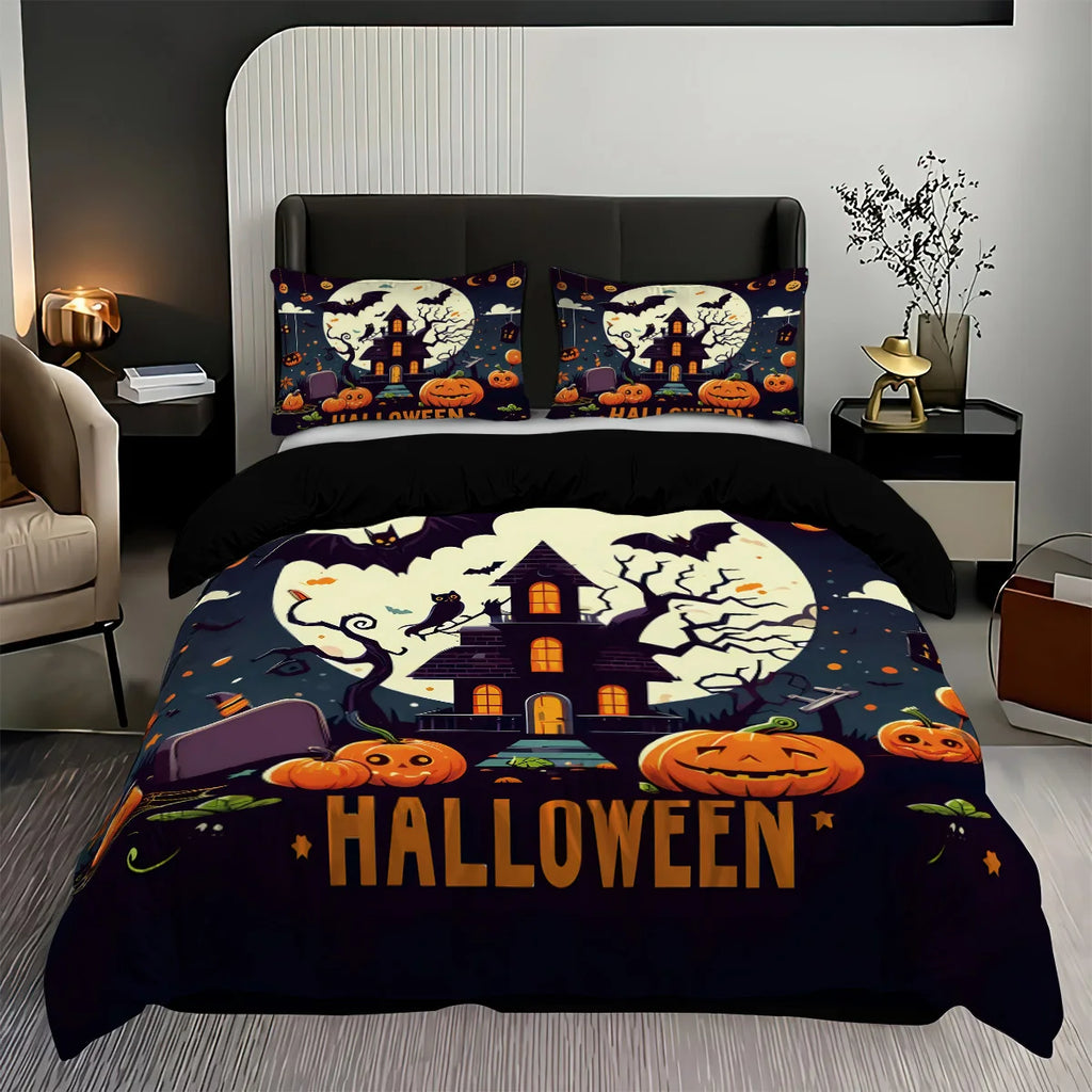 Cute Ghost & Witch Hat 3-Piece Bedding Set | Halloween Duvet Cover with 2 Pillowcases