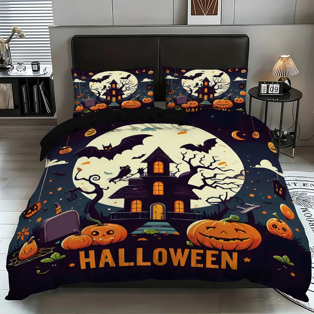 Cute Ghost & Witch Hat 3-Piece Bedding Set | Halloween Duvet Cover with 2 Pillowcases