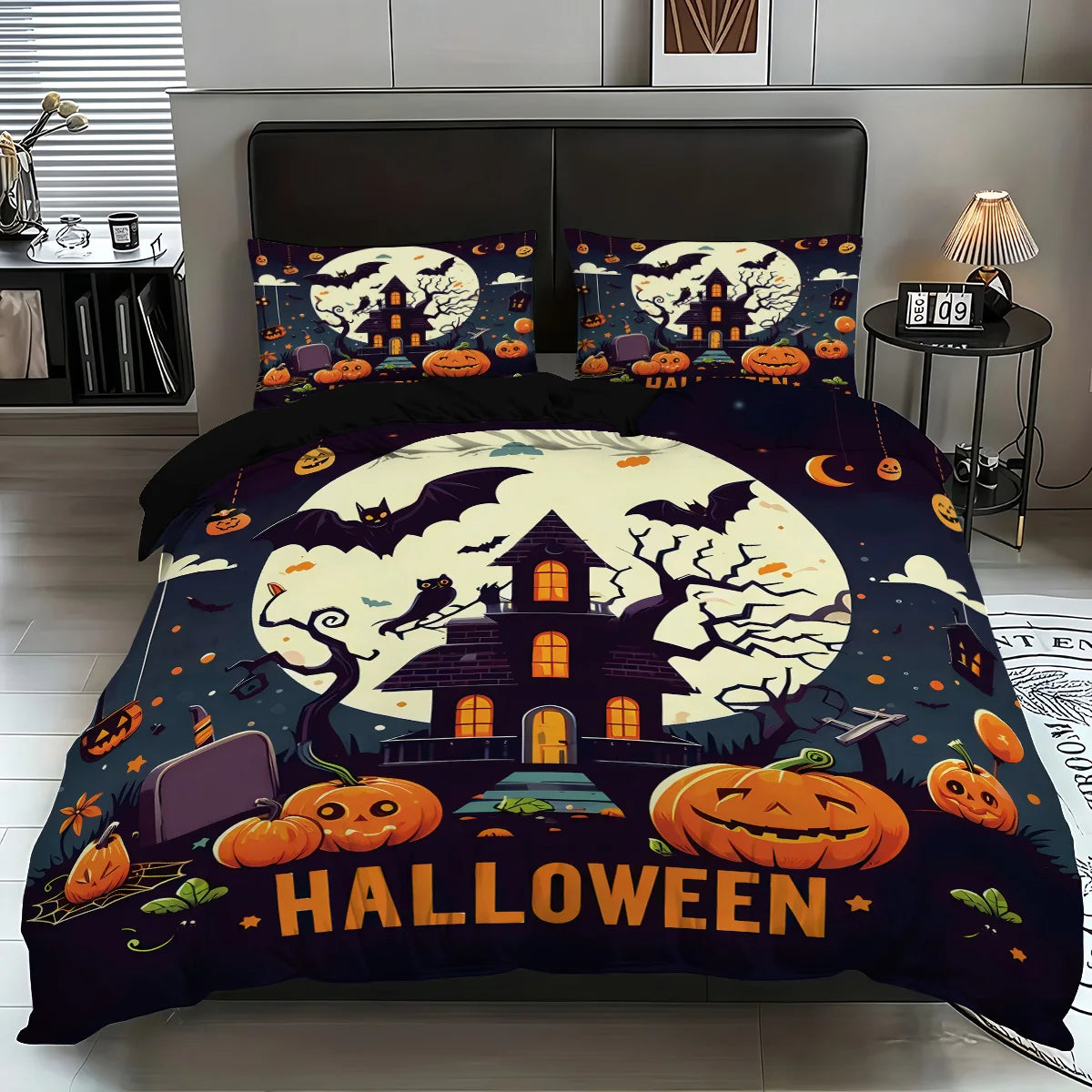 Cute Ghost & Witch Hat 3-Piece Bedding Set | Halloween Duvet Cover with 2 Pillowcases