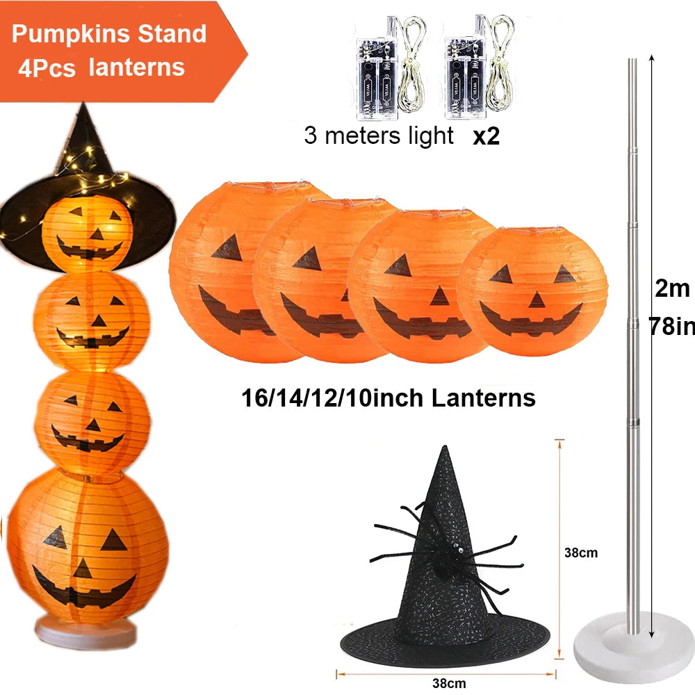 Light-Up Stacked Pumpkin Lantern Tower (with Witch Hat)