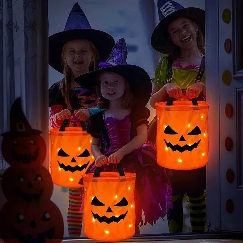 Light-Up LED Halloween Trick-or-Treat Bag | Glowing Jack-o'-Lantern Candy Basket