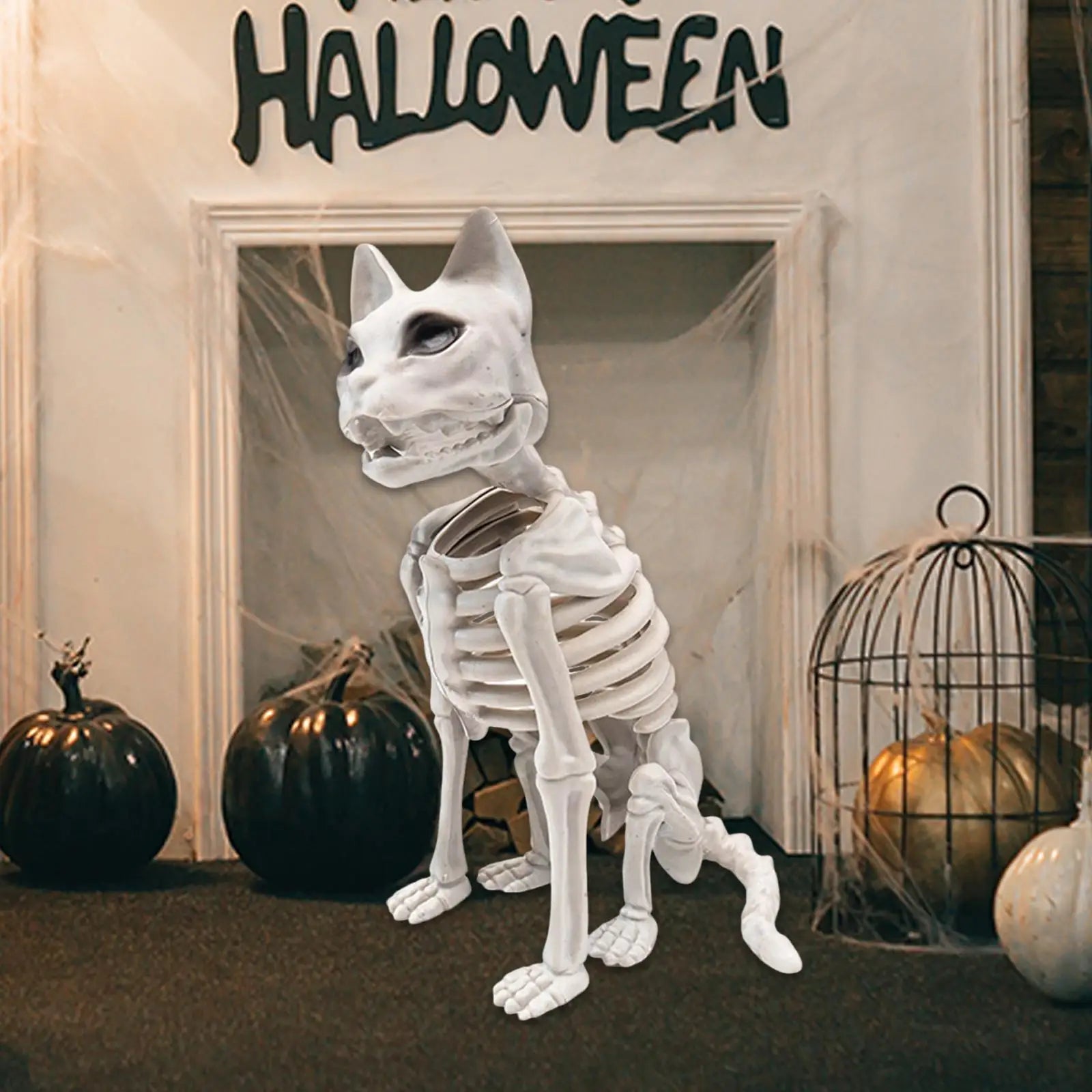 Halloween Cat Skeleton Statue | 13.4" Spooky Plastic Animal Bones Prop