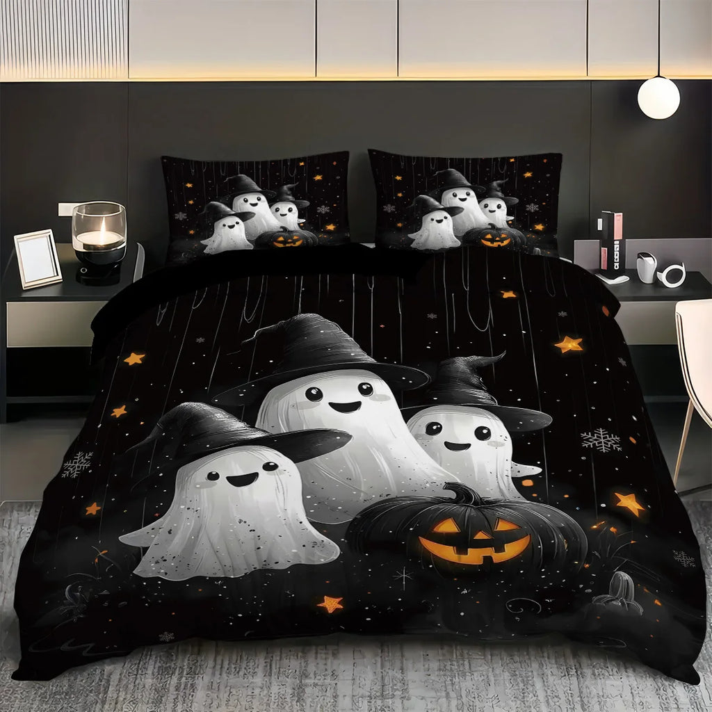 Cute Ghost & Witch Hat 3-Piece Bedding Set | Halloween Duvet Cover with 2 Pillowcases