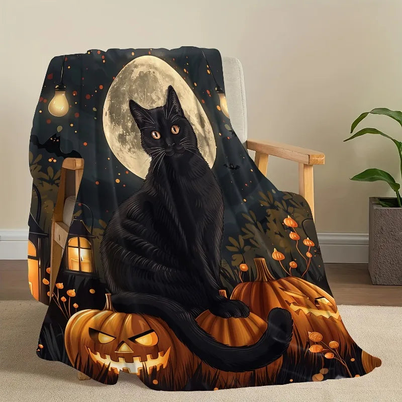 Black Cat & Full Moon Plush Throw | Cozy Coral Fleece Halloween Blanket