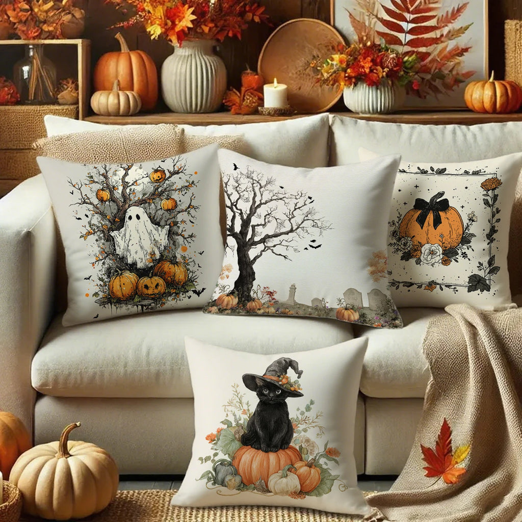 Farmhouse Halloween Pillow Covers | Artistic Ghost, Black Cat & Spooky Tree Cushion Cases