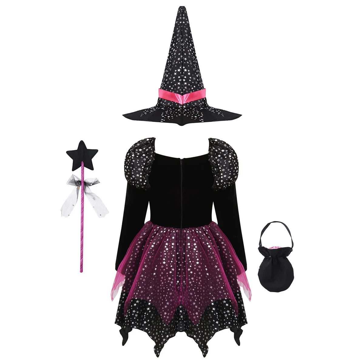 Complete Girls Witch Costume (4-Piece Set) | Sparkle Dress, Hat, Wand & Candy Bag | Costume Halloween Enfant Fille