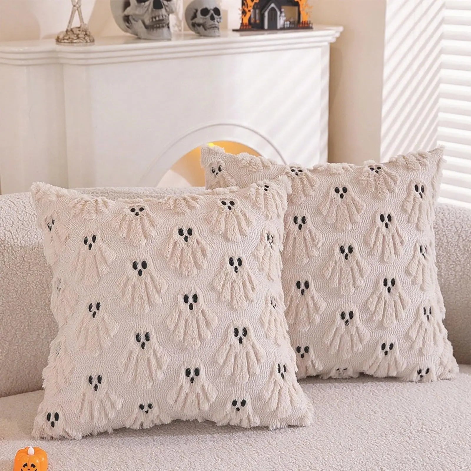 Tufted Ghost & Pumpkin Pillow Cover | Cozy Faux Fur Cute Halloween Decor (Case Only)