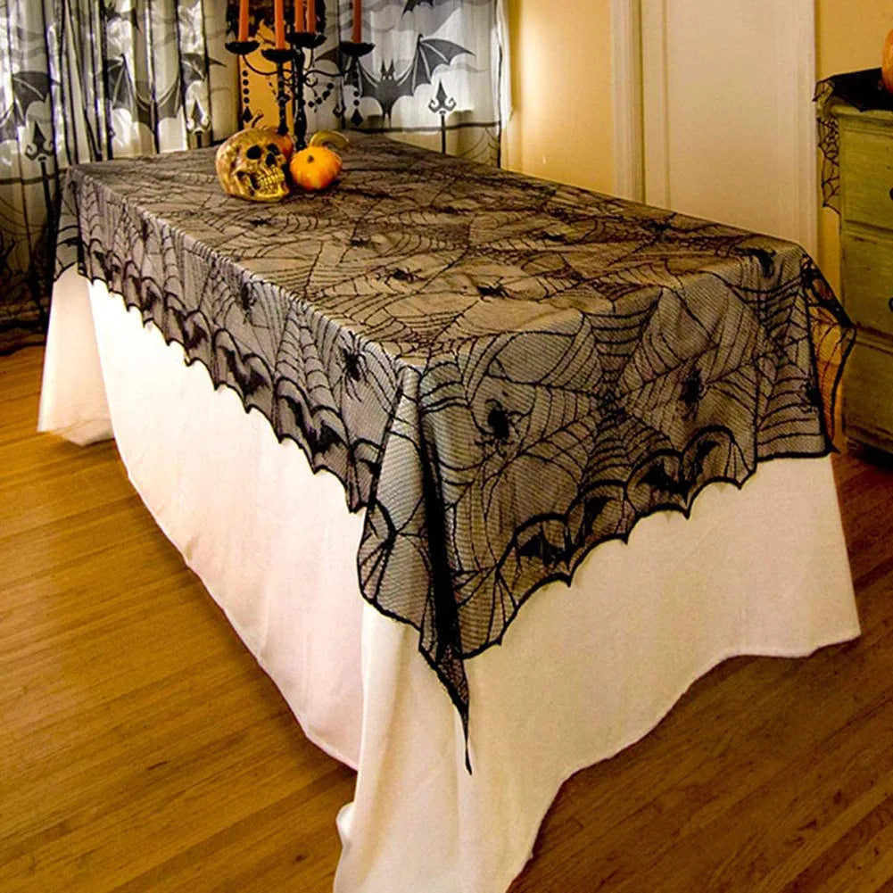Black Lace Spiderweb Decor Collection | Halloween Mantel Scarf, Lampshade Covers & Table Topper