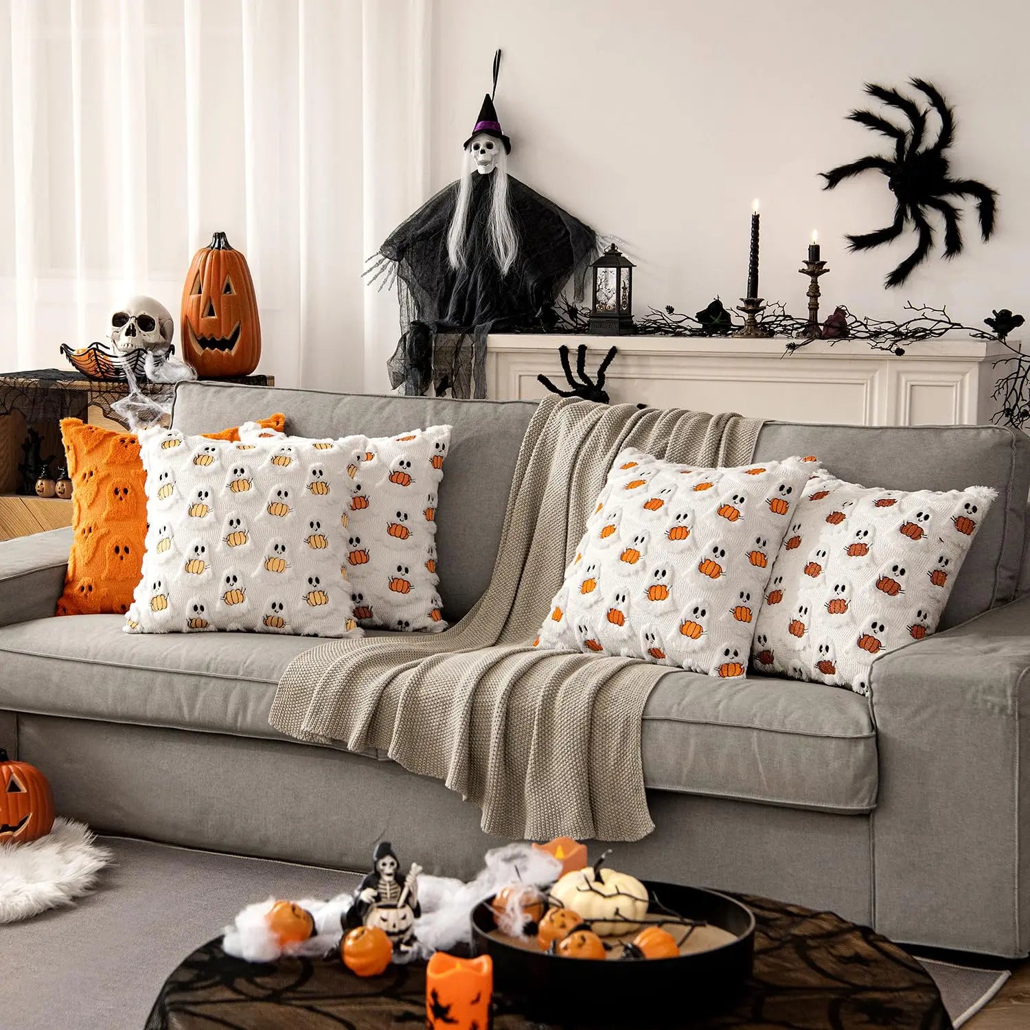 Tufted Ghost & Pumpkin Pillow Cover | Cozy Faux Fur Cute Halloween Decor (Case Only)