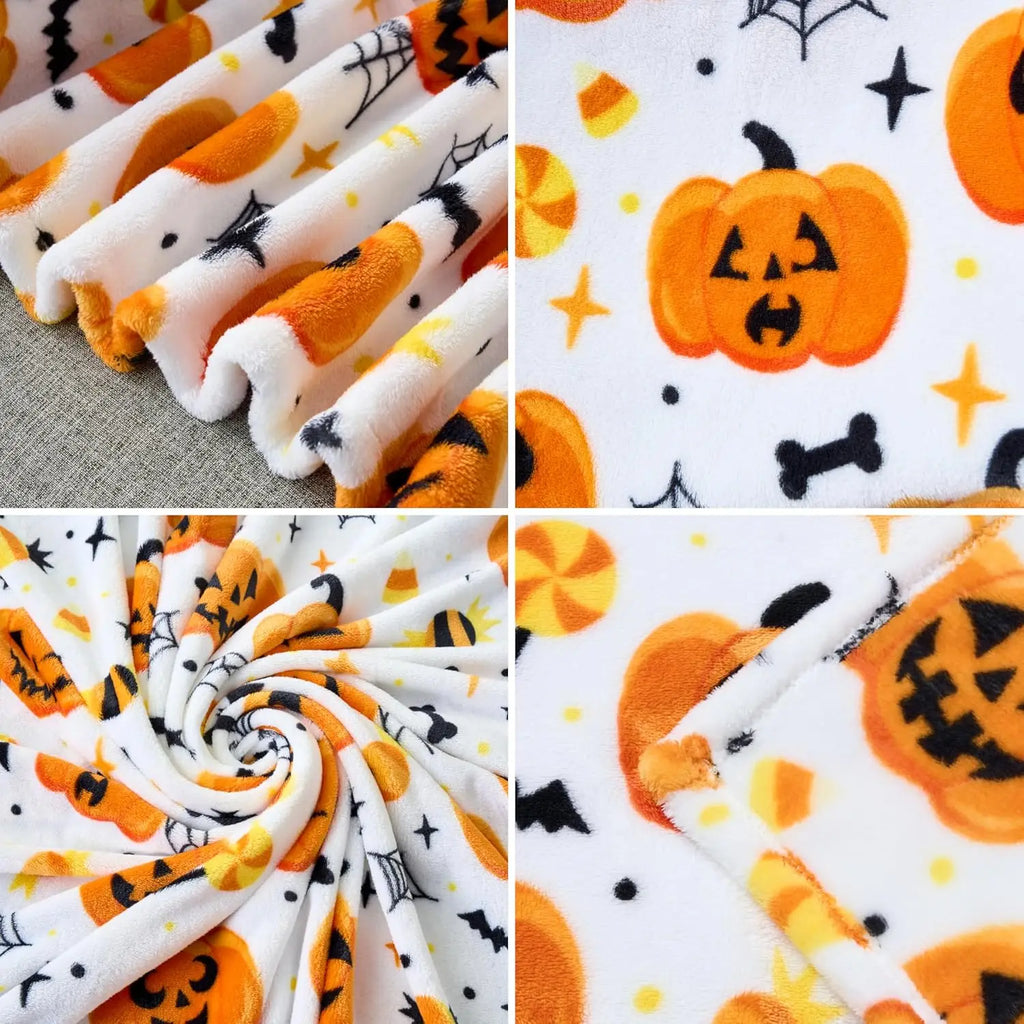 Cute Pumpkin &amp; Candy Plush Throw | Ultra-Soft Coral Fleece Halloween Blanket