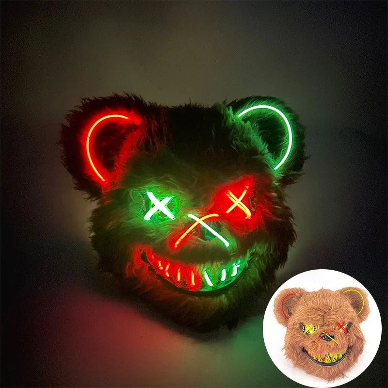 Scary LED Light-Up Halloween Mask | Creepy Rabbit &amp; Bloody Bear Styles | 3-Mode EL Wire Purge Mask