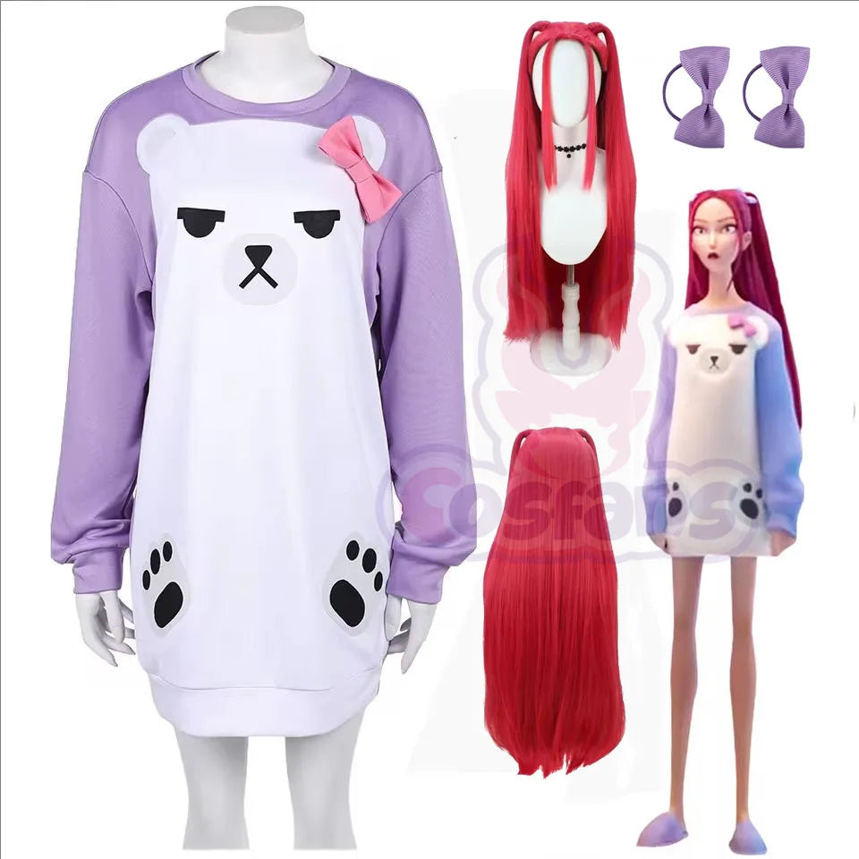 K Pop Demon Hunter of Mira Cosplay Purple Sleepdress & Headwear | White Bear Pajama | Girls Halloween Party Outfits