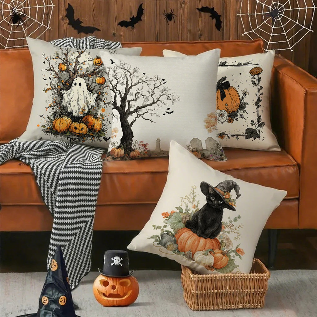 Farmhouse Halloween Pillow Covers | Artistic Ghost, Black Cat & Spooky Tree Cushion Cases