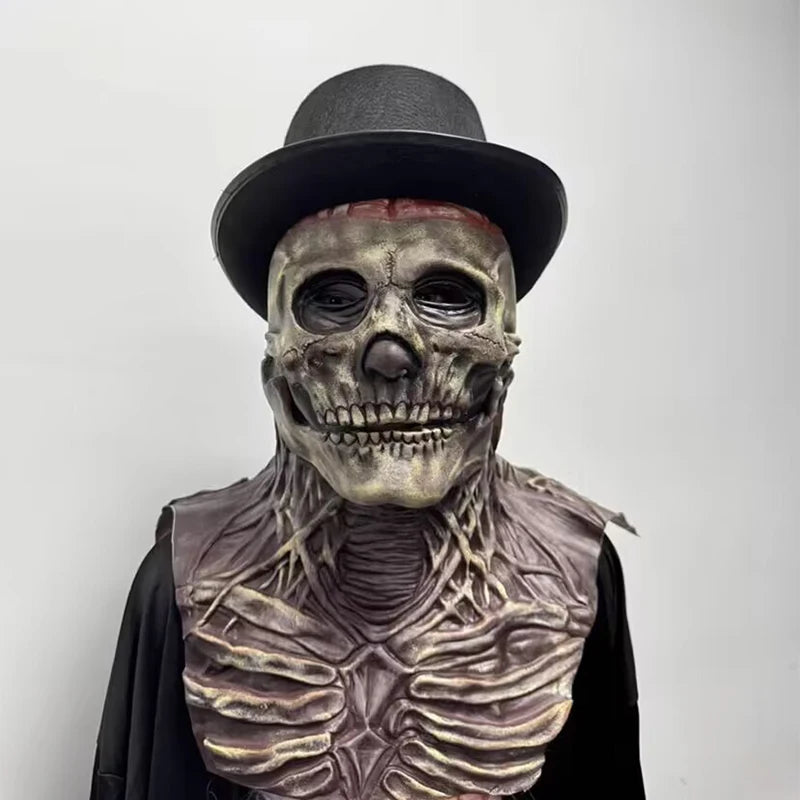 Scary Skeleton Gentleman Mask | Full Head & Chest Latex Horror Mask with Top Hat