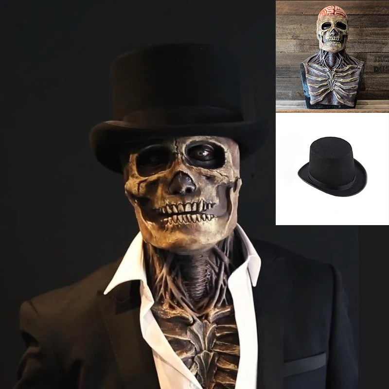 Scary Skeleton Gentleman Mask | Full Head & Chest Latex Horror Mask with Top Hat