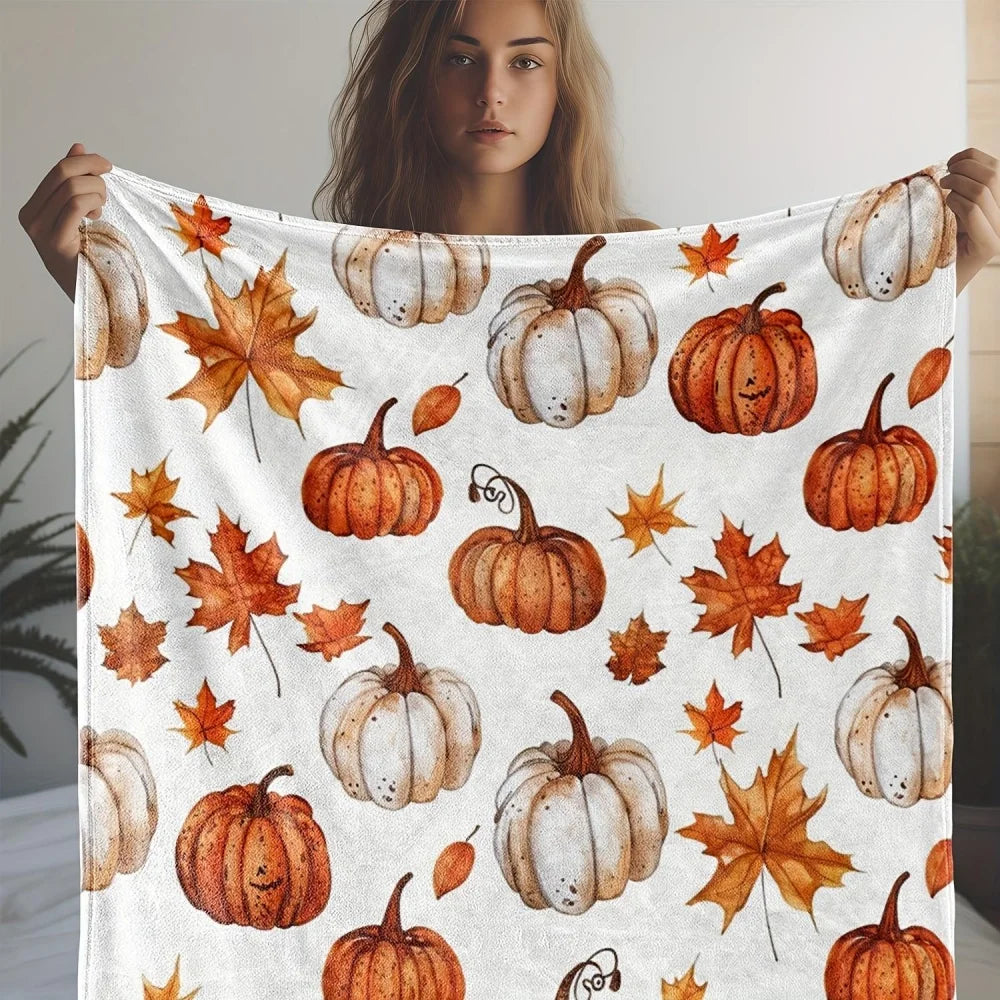 Soft and Plush Fall Blanket with Pumpkin and Maple Leaf Design, Warm and Cozy All Season Blanket